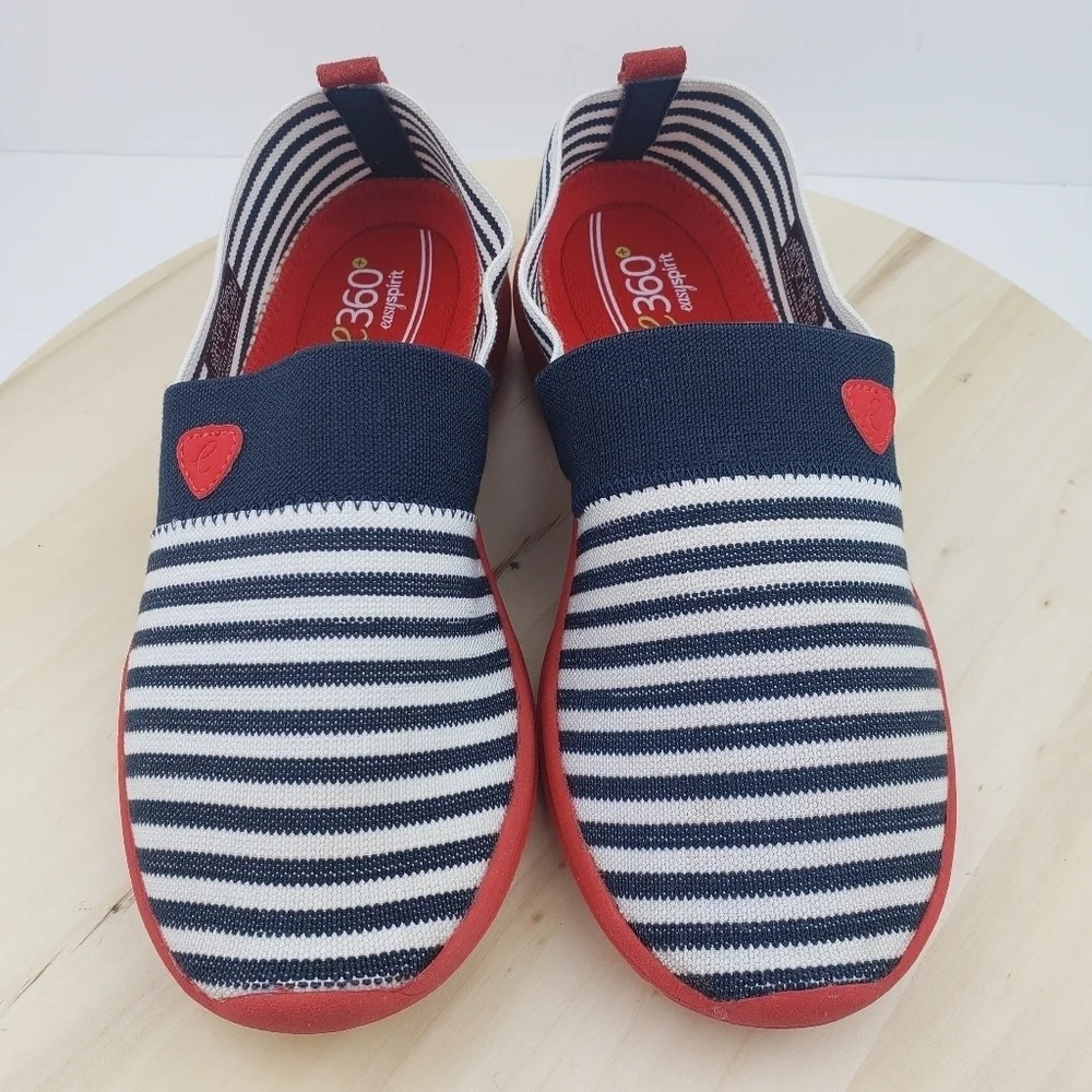 Easy Spirit 360 Sneaker Shoes Size 7.5 Slip on Striped White Blue Red Nautical